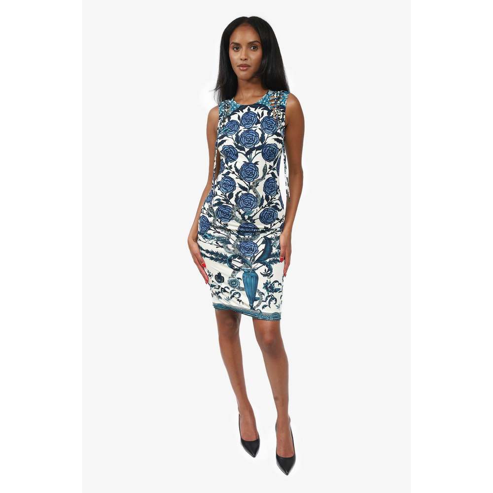 Roberto Cavalli Blue/White Floral & Snake Print Sleeveless Dress Size 38